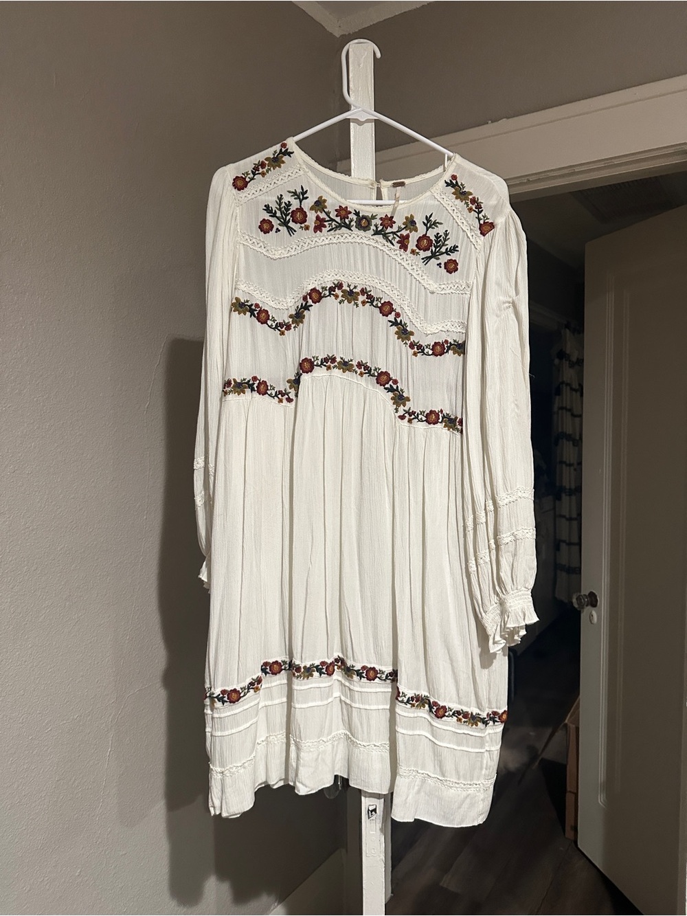Free People Cream Embroidered Long Sleeve Midi Dress